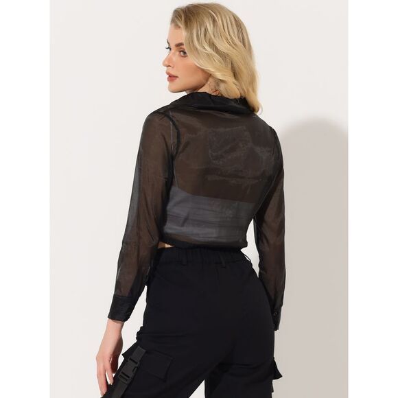 See Through Top Long Sleeve Cropped Mesh Sheer Jacket Black - Picture 4 of 5